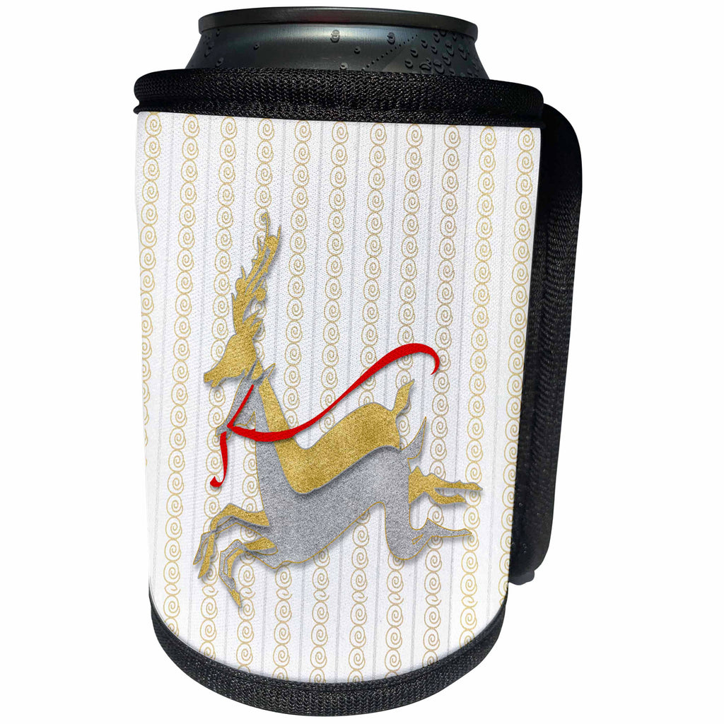 3dRose Doreen Erhardt Christmas Collection - Gold and Silver Leaping Reindeer in Faux Glitter Look with Red Ribbon - Can Cooler Bottle Wrap (cc_256093)