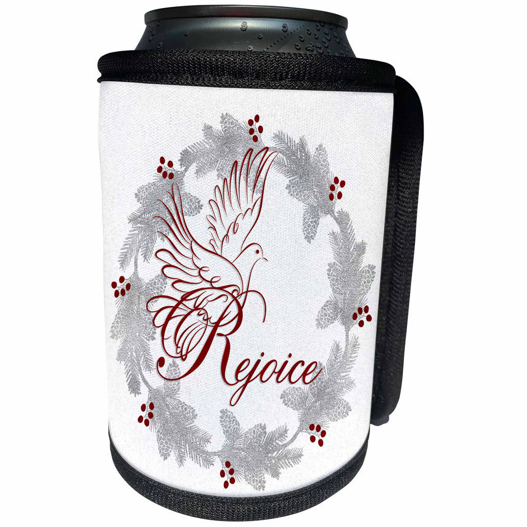 3dRose Doreen Erhardt Christmas Collection - Silver Foil Look Wreath with Rejoice Dove and Red Berries - Can Cooler Bottle Wrap (cc_256095)