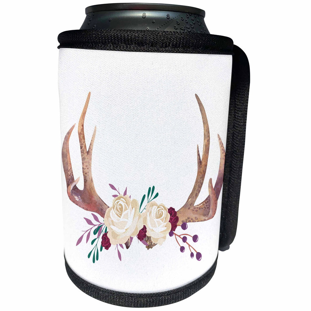 3dRose TNMGraphics Animals - Antlers With Cream Colored Roses - Can Cooler Bottle Wrap (cc_256117)