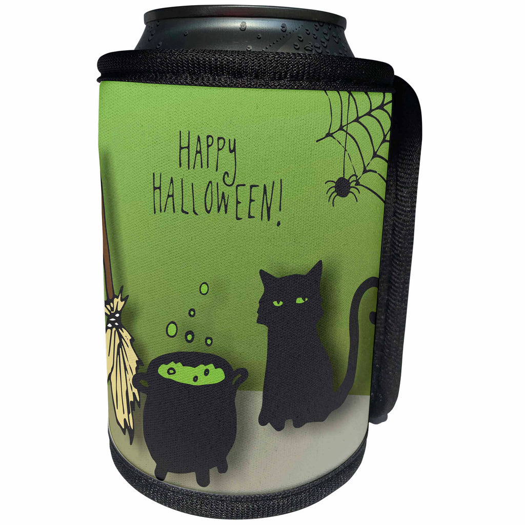 3dRose TNMGraphics Halloween - Cat Cauldron and Broom Halloween - Can Cooler Bottle Wrap (cc_256120)