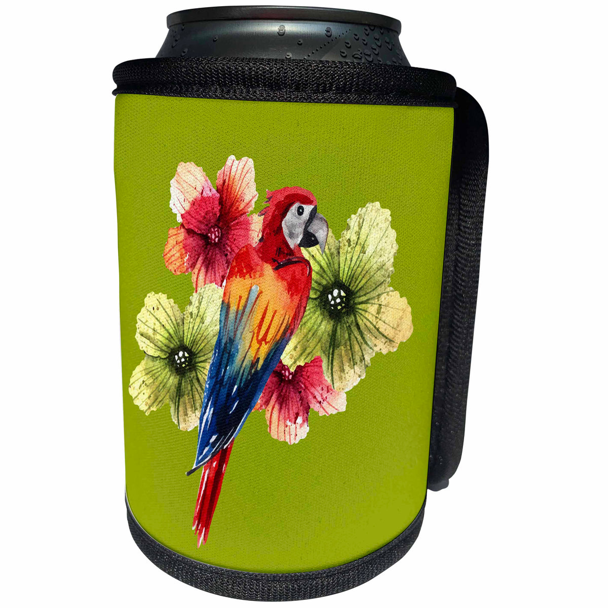 3dRose TNMGraphics Animals - Colorful Parrot and Tropical Flowers - Can Cooler Bottle Wrap (cc_256121)
