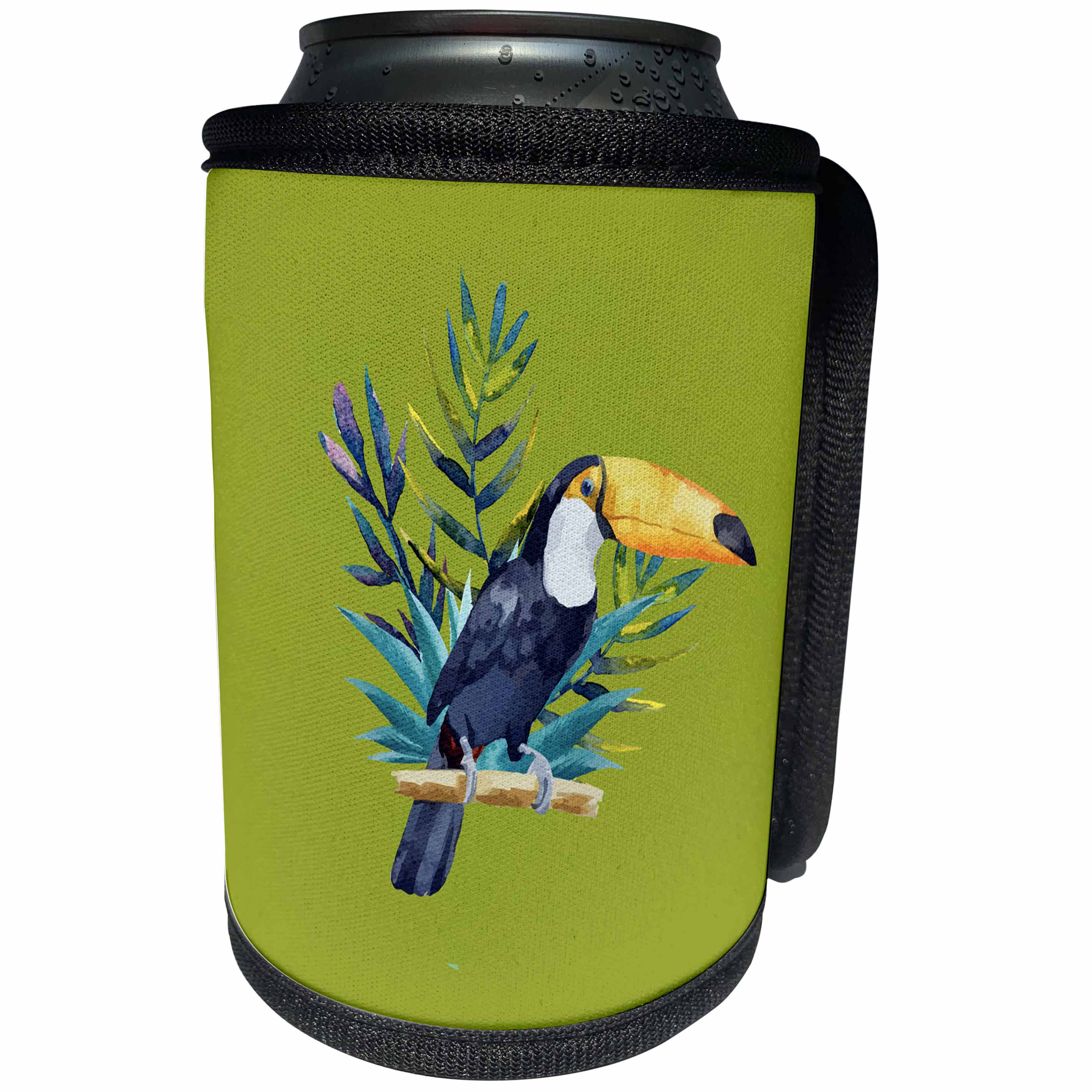 3dRose TNMGraphics Animals - Blue Toucan with Tropical Leaves - Can Cooler Bottle Wrap (cc_256133)