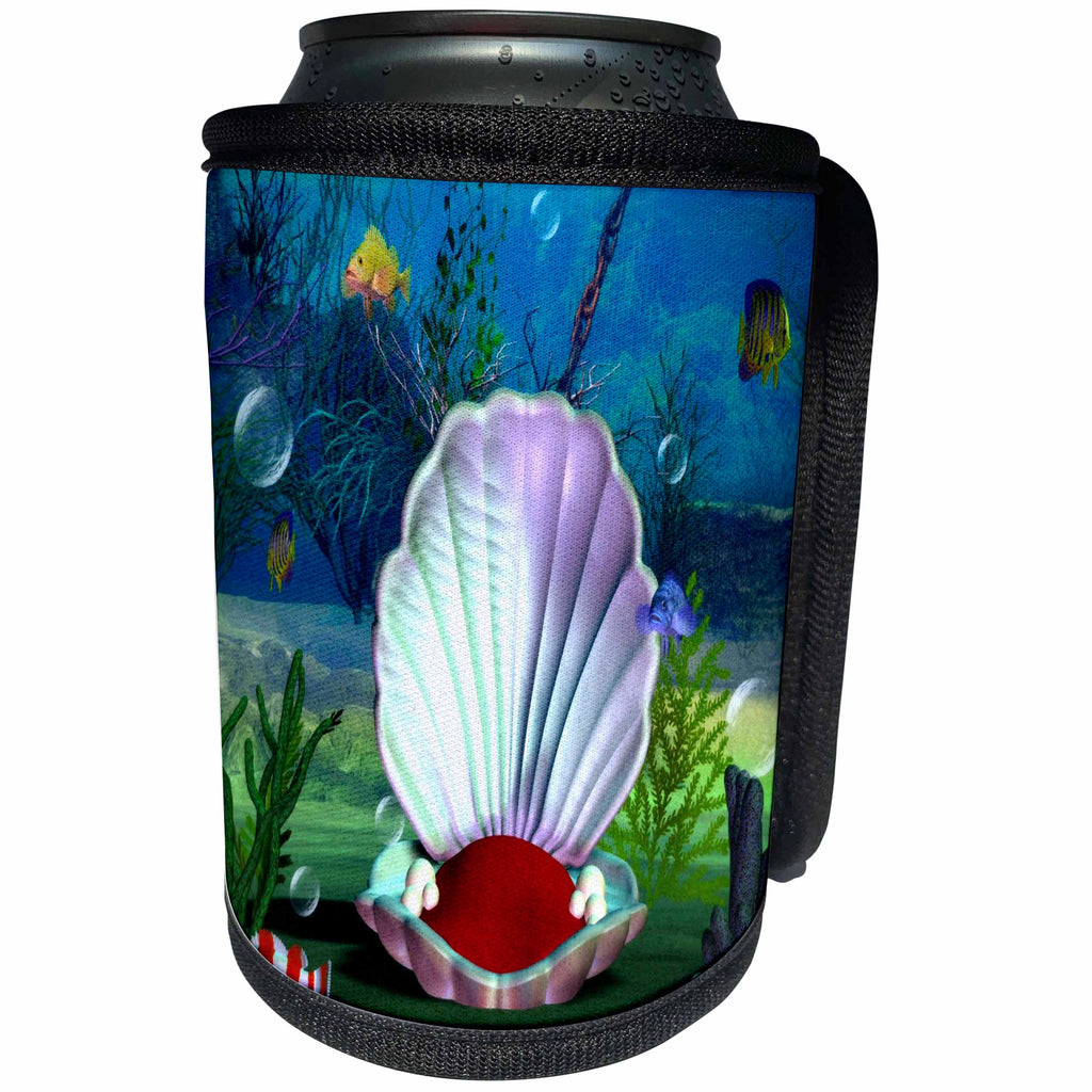 3dRose Sea Life - Image of Sea life Clam Shell And Fish - Can Cooler Bottle Wrap (cc_256154)