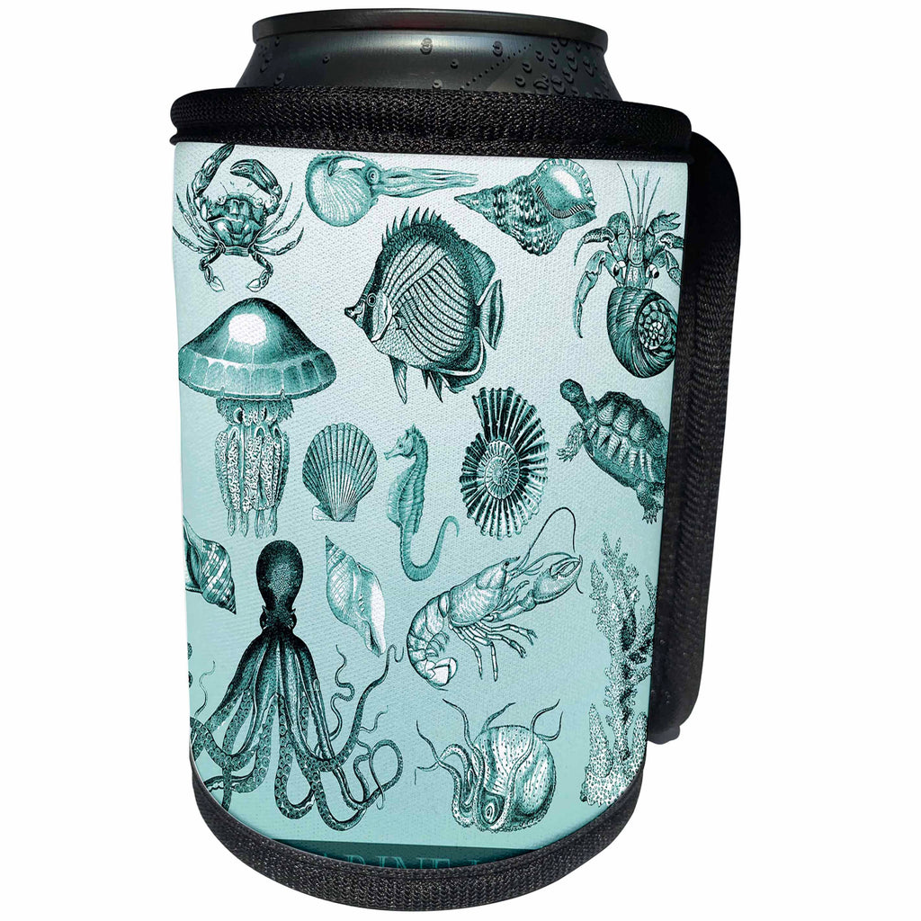 3dRose Sea Life - Image of Aqua Sea Life Collage - Can Cooler Bottle Wrap (cc_256158)