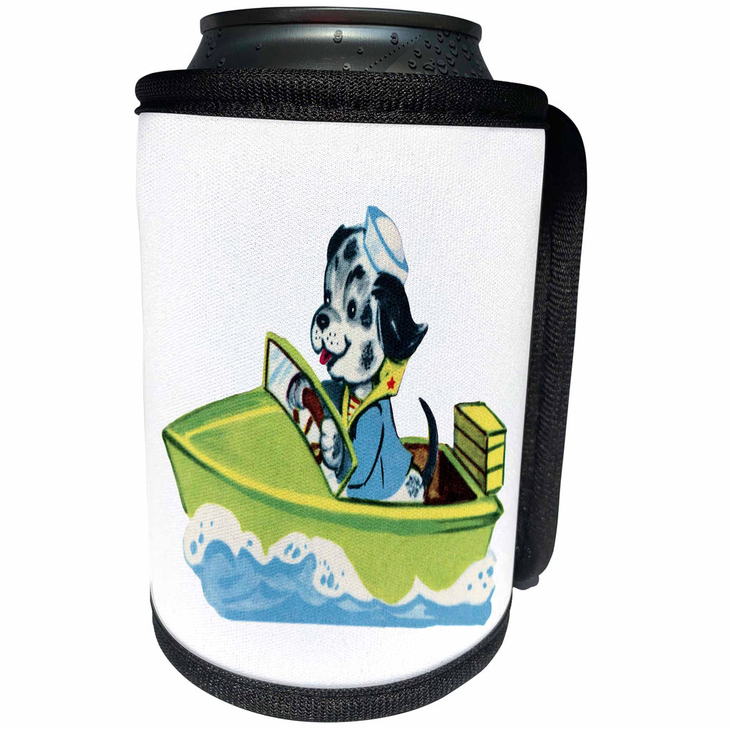 3dRose 1930s and 1940s - image of Retro Dog Driving A Boat - Can Cooler Bottle Wrap (cc_256264)