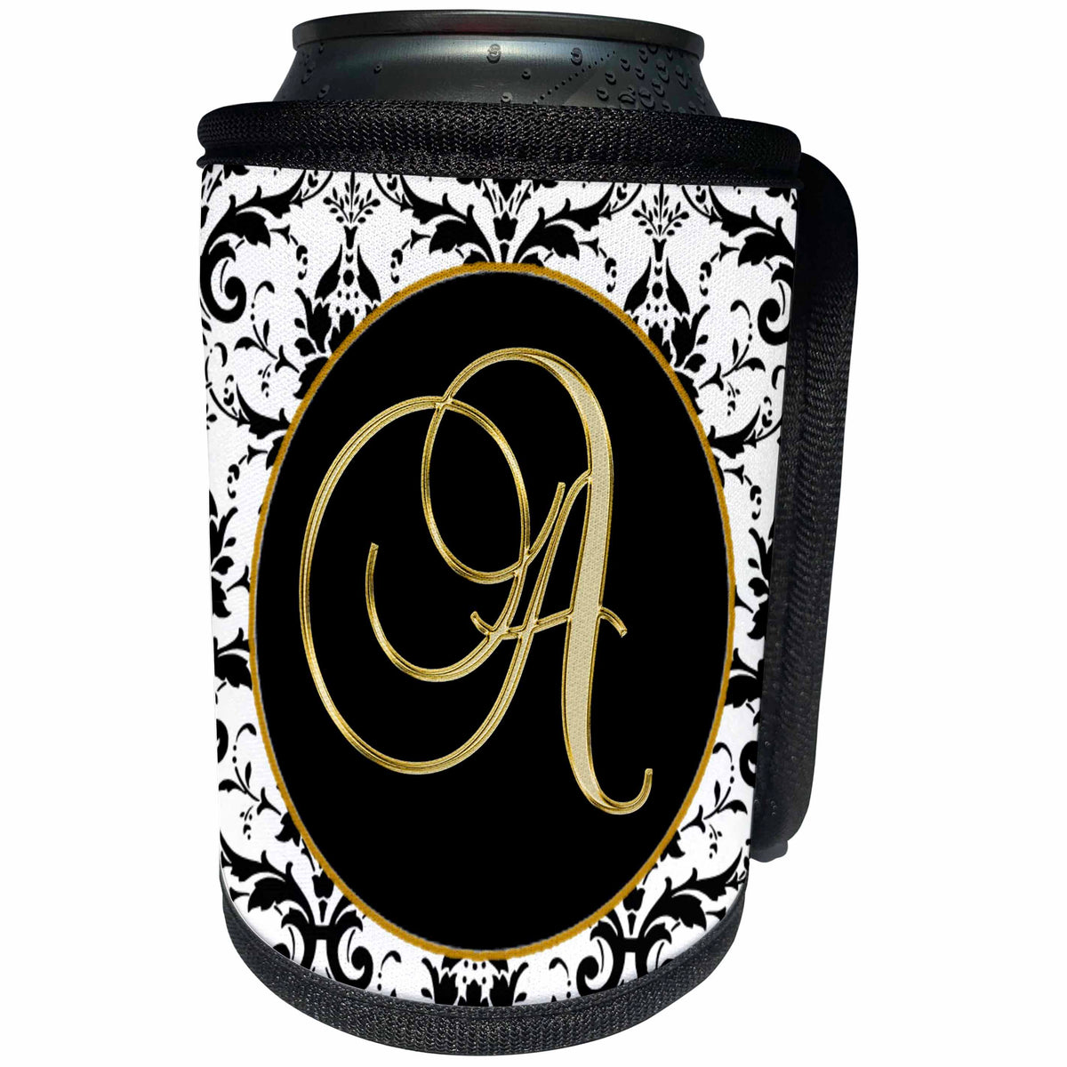 3dRose Fancy Monograms - Image of The Script Letter A in Black White and Gold - Can Cooler Bottle Wrap (cc_256266)