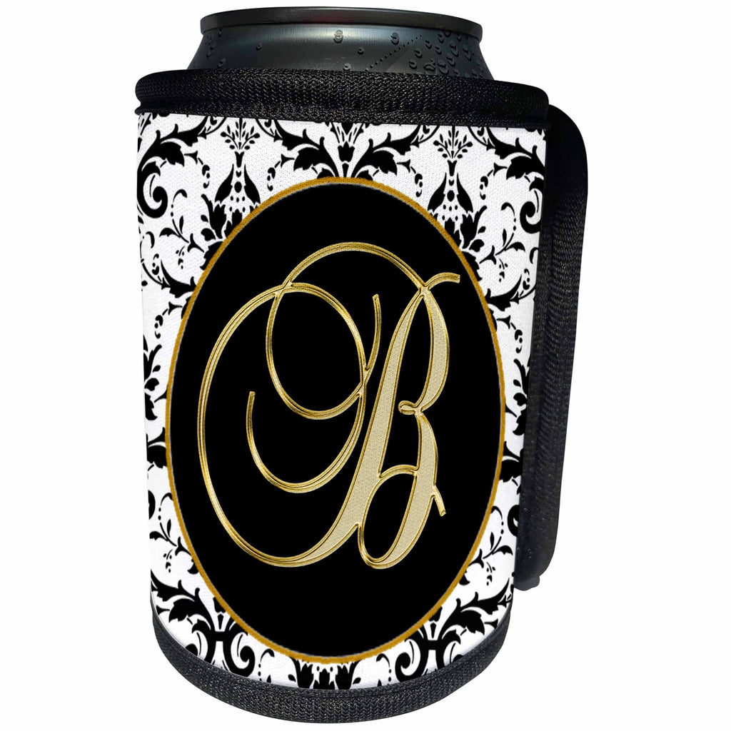 3dRose Fancy Monograms - Image of The Script Letter B in Black White and Gold - Can Cooler Bottle Wrap (cc_256267)