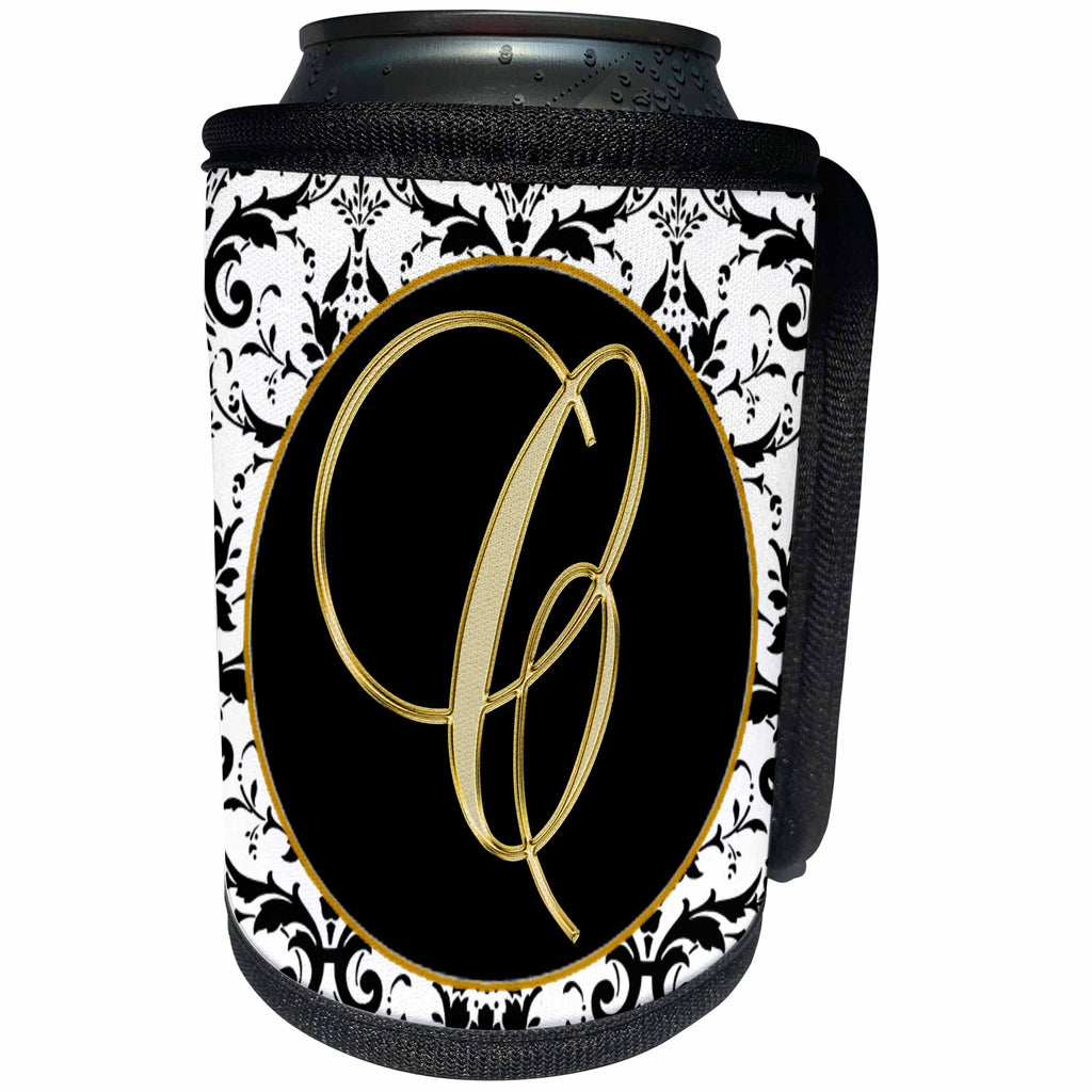 3dRose Fancy Monograms - Image of The Script Letter C in Black White and Gold - Can Cooler Bottle Wrap (cc_256268)