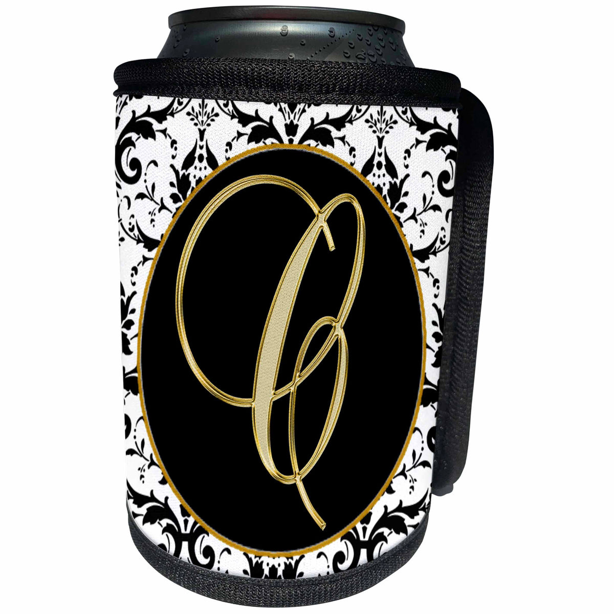 3dRose Fancy Monograms - Image of The Script Letter C in Black White and Gold - Can Cooler Bottle Wrap (cc_256268)