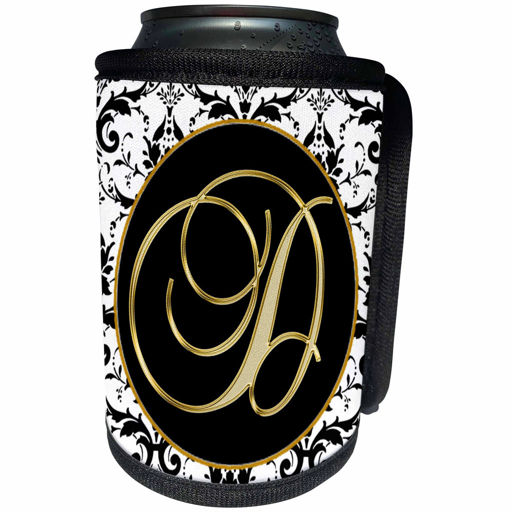 3dRose Fancy Monograms - Image of The Script Letter D in Black White and Gold - Can Cooler Bottle Wrap (cc_256269)