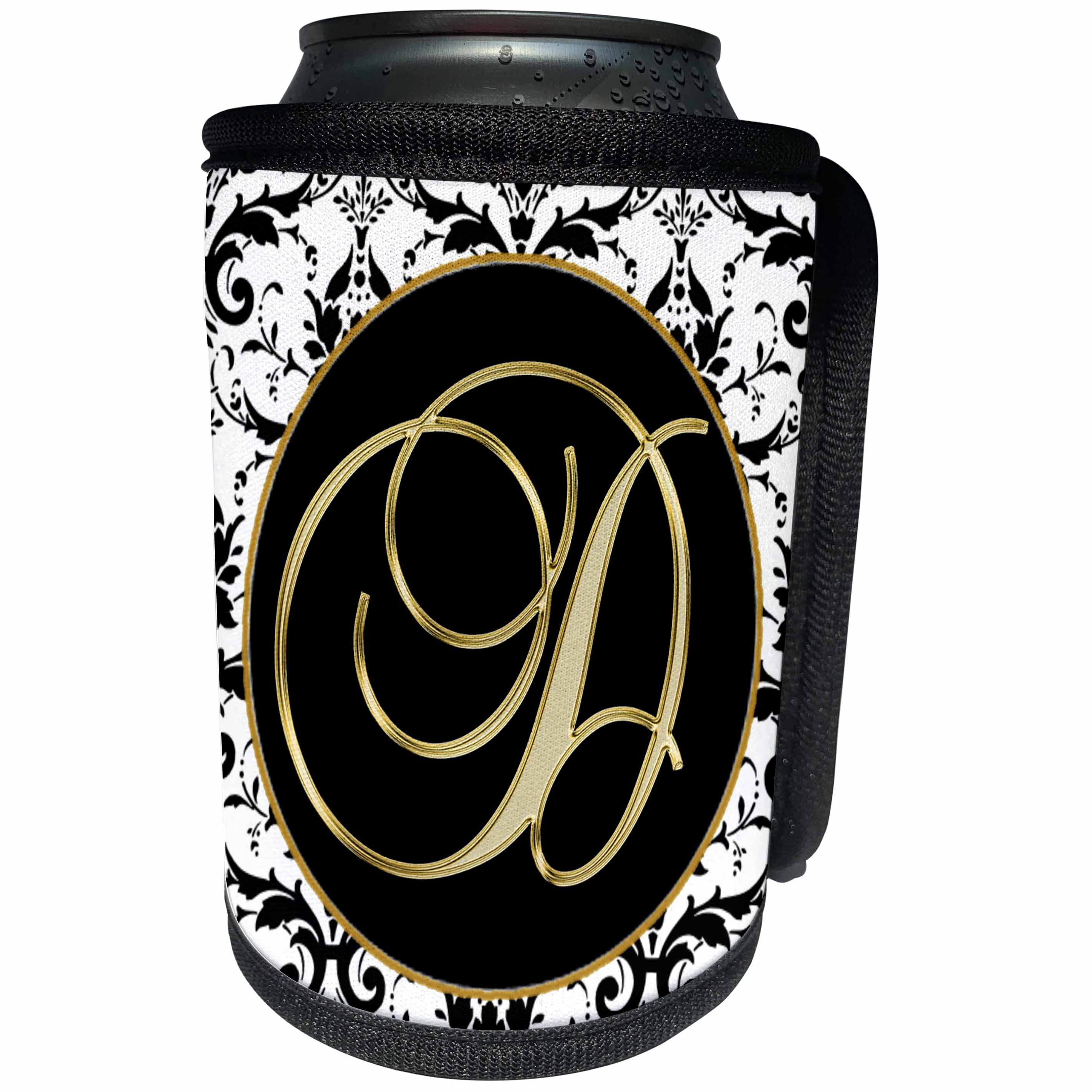 3dRose Fancy Monograms - Image of The Script Letter D in Black White and Gold - Can Cooler Bottle Wrap (cc_256269)
