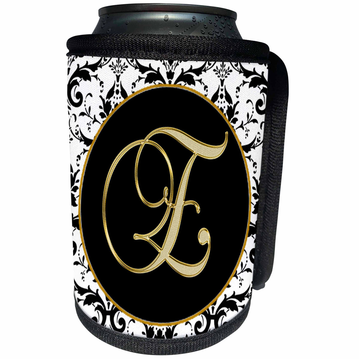 3dRose Fancy Monograms - Image of The Script Letter E in Black White and Gold - Can Cooler Bottle Wrap (cc_256270)