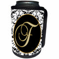 3dRose Fancy Monograms - Image of The Script Letter F in Black White and Gold - Can Cooler Bottle Wrap (cc_256271)