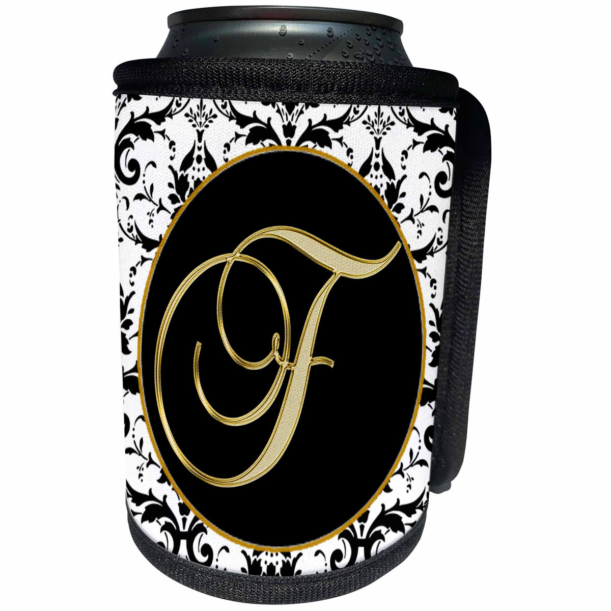 3dRose Fancy Monograms - Image of The Script Letter F in Black White and Gold - Can Cooler Bottle Wrap (cc_256271)