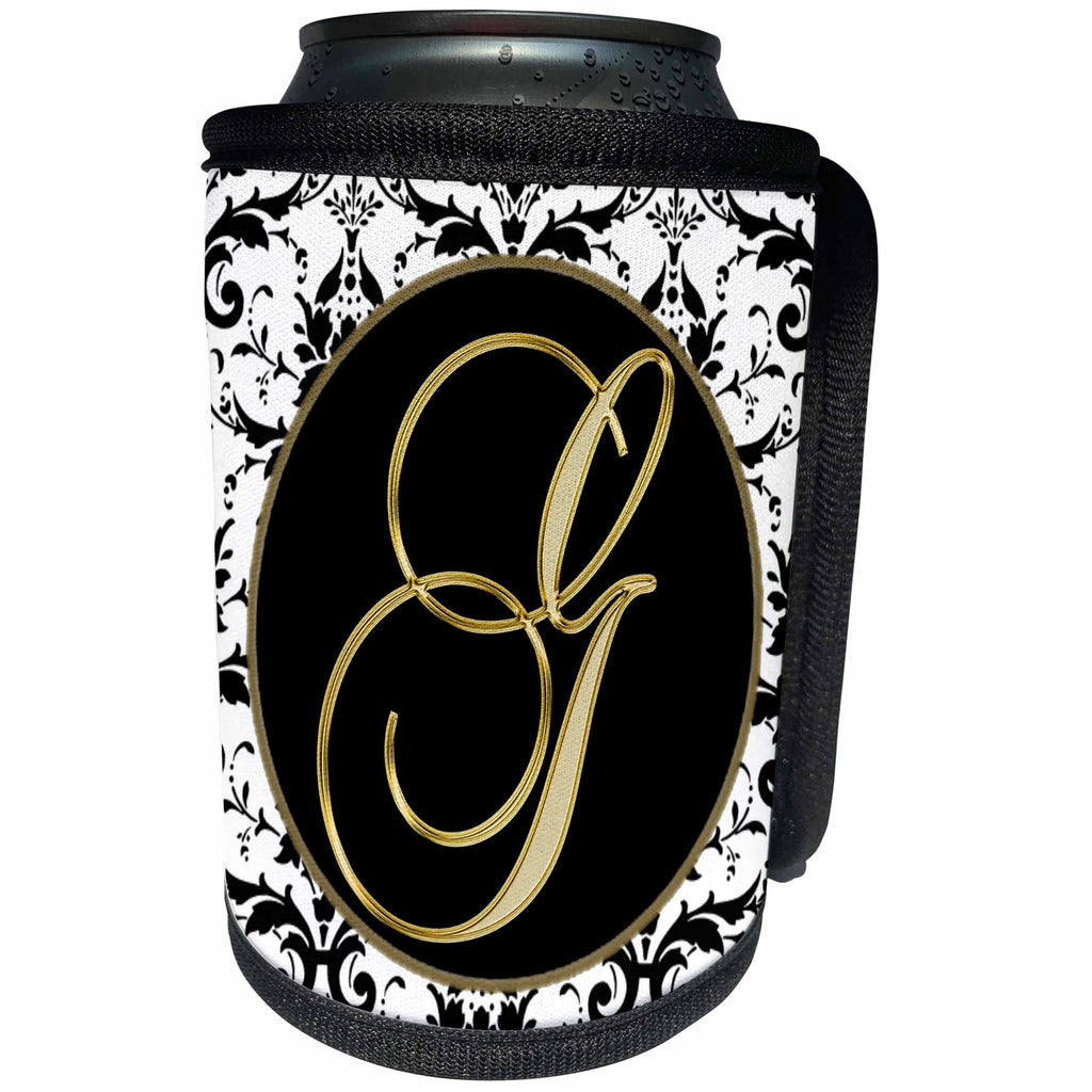 3dRose Fancy Monograms - Image of The Script Letter G in Black White and Gold - Can Cooler Bottle Wrap (cc_256272)