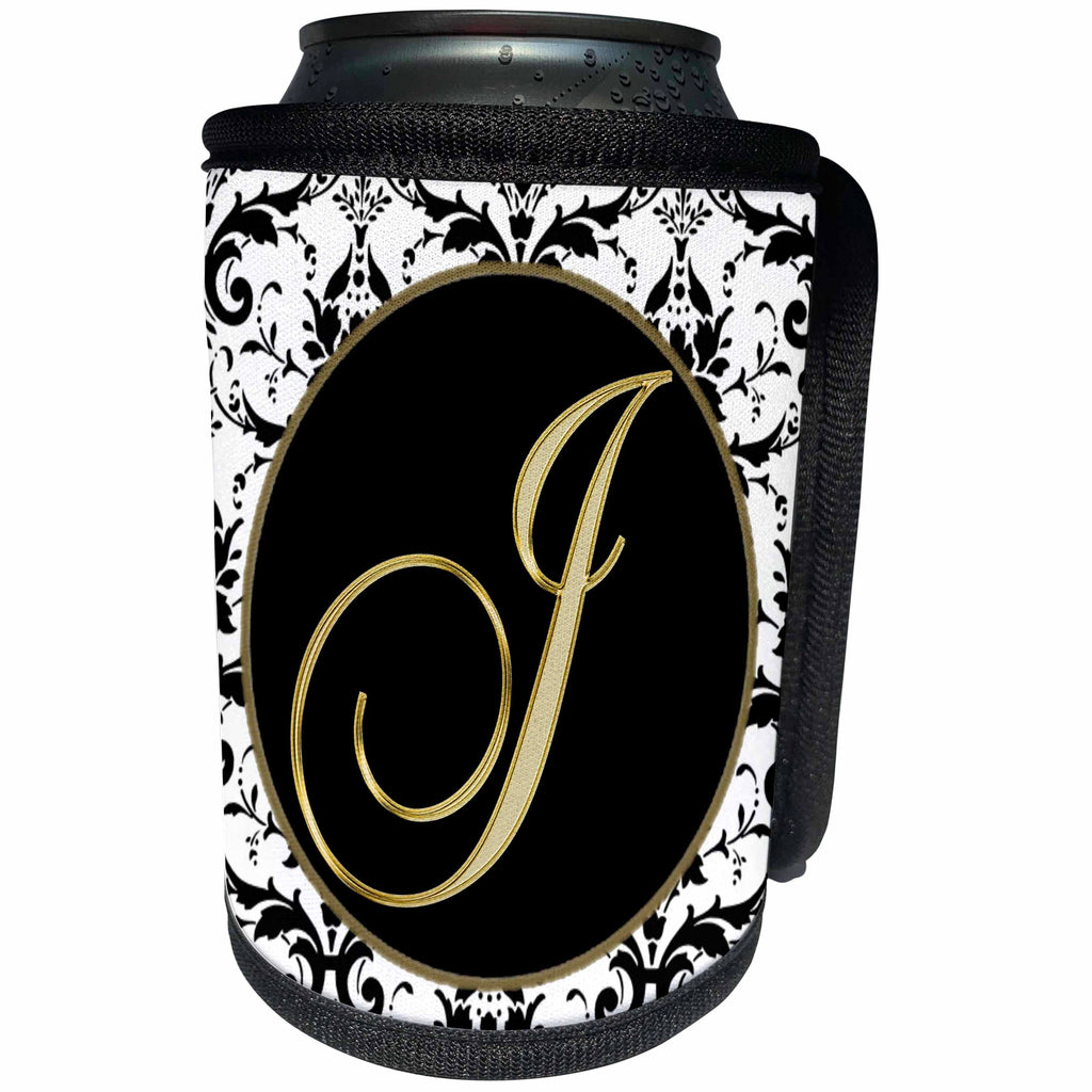 3dRose Fancy Monograms - Image of The Script Letter J in Black White and Gold - Can Cooler Bottle Wrap (cc_256274)