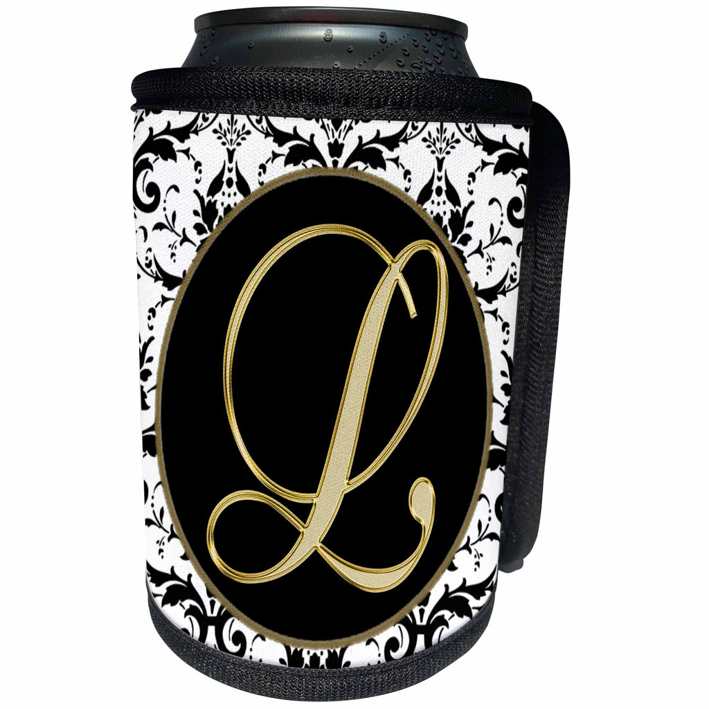 3dRose Fancy Monograms - Image of The Script Letter L in Black White and Gold - Can Cooler Bottle Wrap (cc_256276)