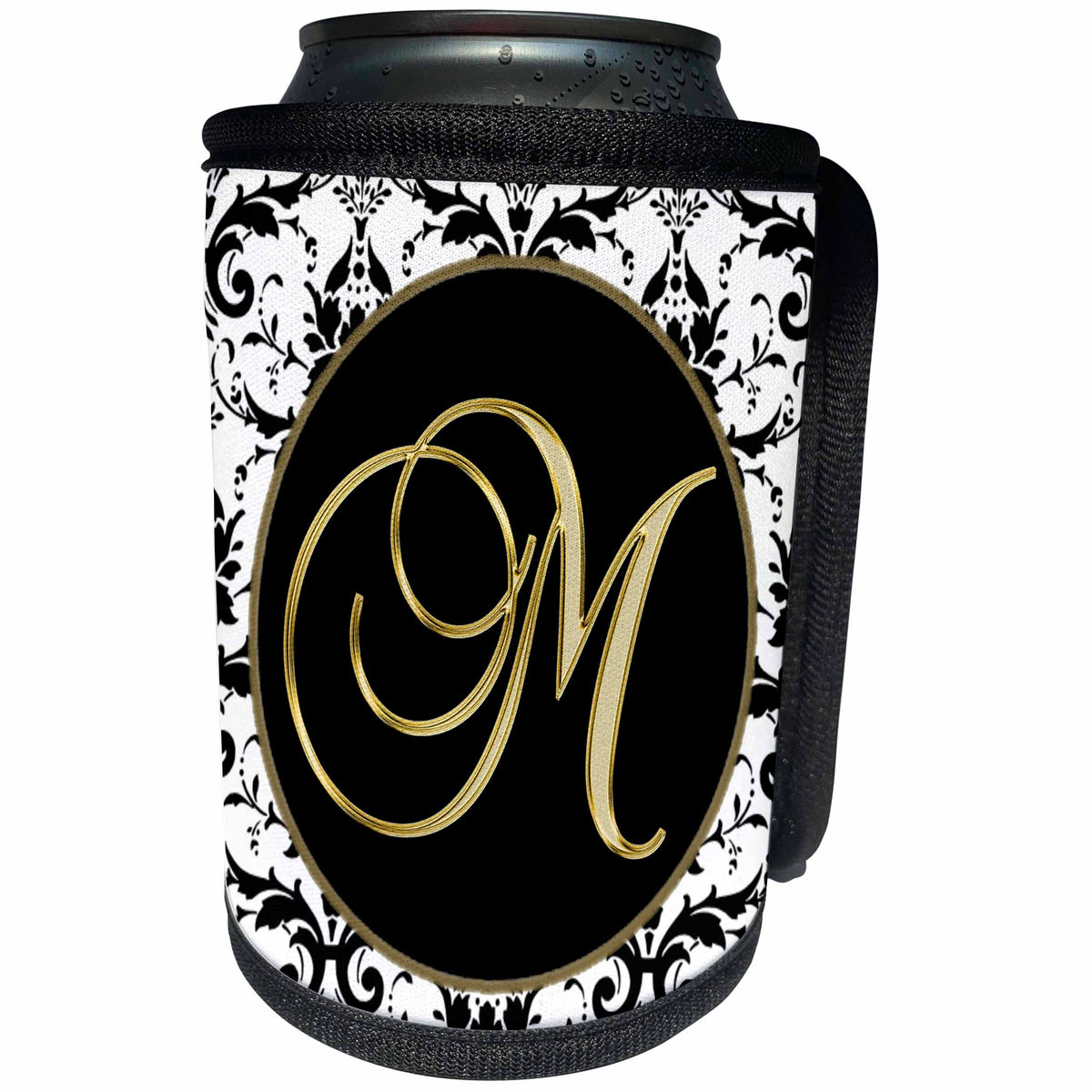 3dRose Fancy Monograms - Image of The Script Letter M in Black White and Gold - Can Cooler Bottle Wrap (cc_256277)