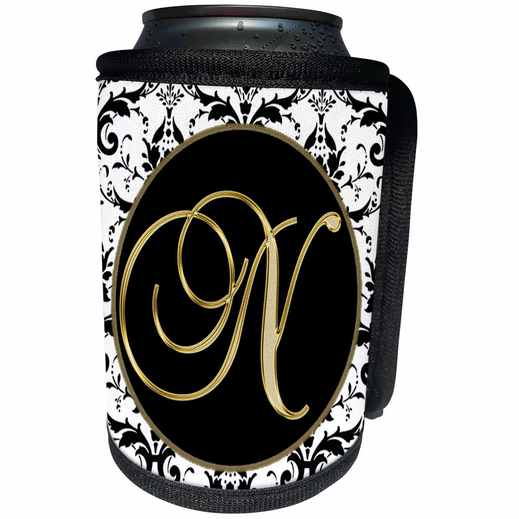 3dRose Fancy Monograms - Image of The Script Letter N in Black White and Gold - Can Cooler Bottle Wrap (cc_256278)