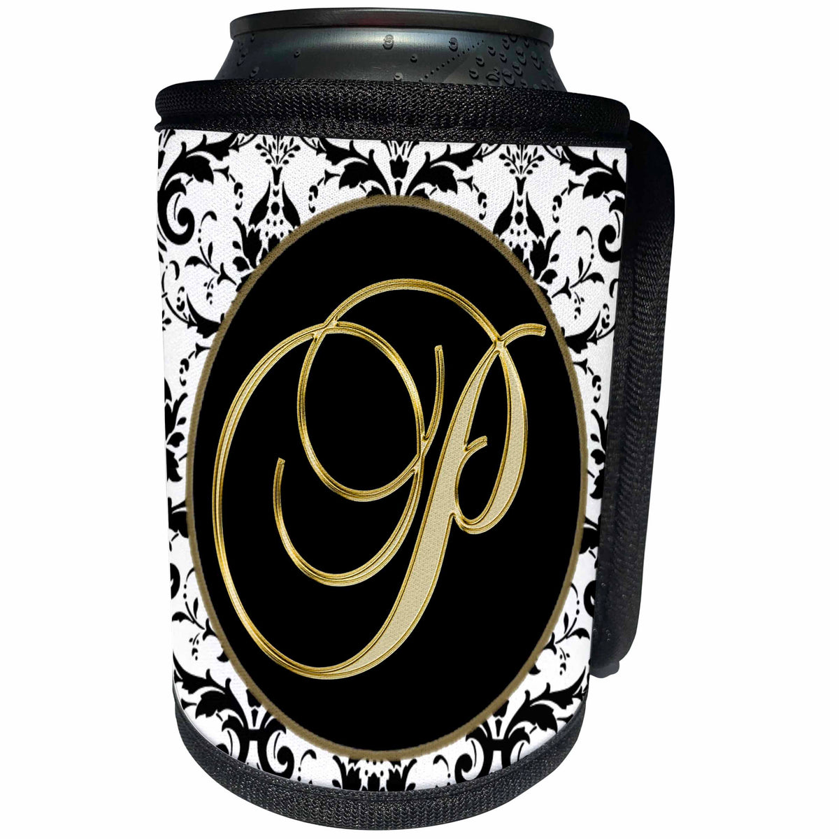 3dRose Fancy Monograms - Image of The Script Letter P in Black White and Gold - Can Cooler Bottle Wrap (cc_256280)