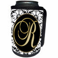 3dRose Fancy Monograms - Image of The Script Letter R in Black White and Gold - Can Cooler Bottle Wrap (cc_256282)