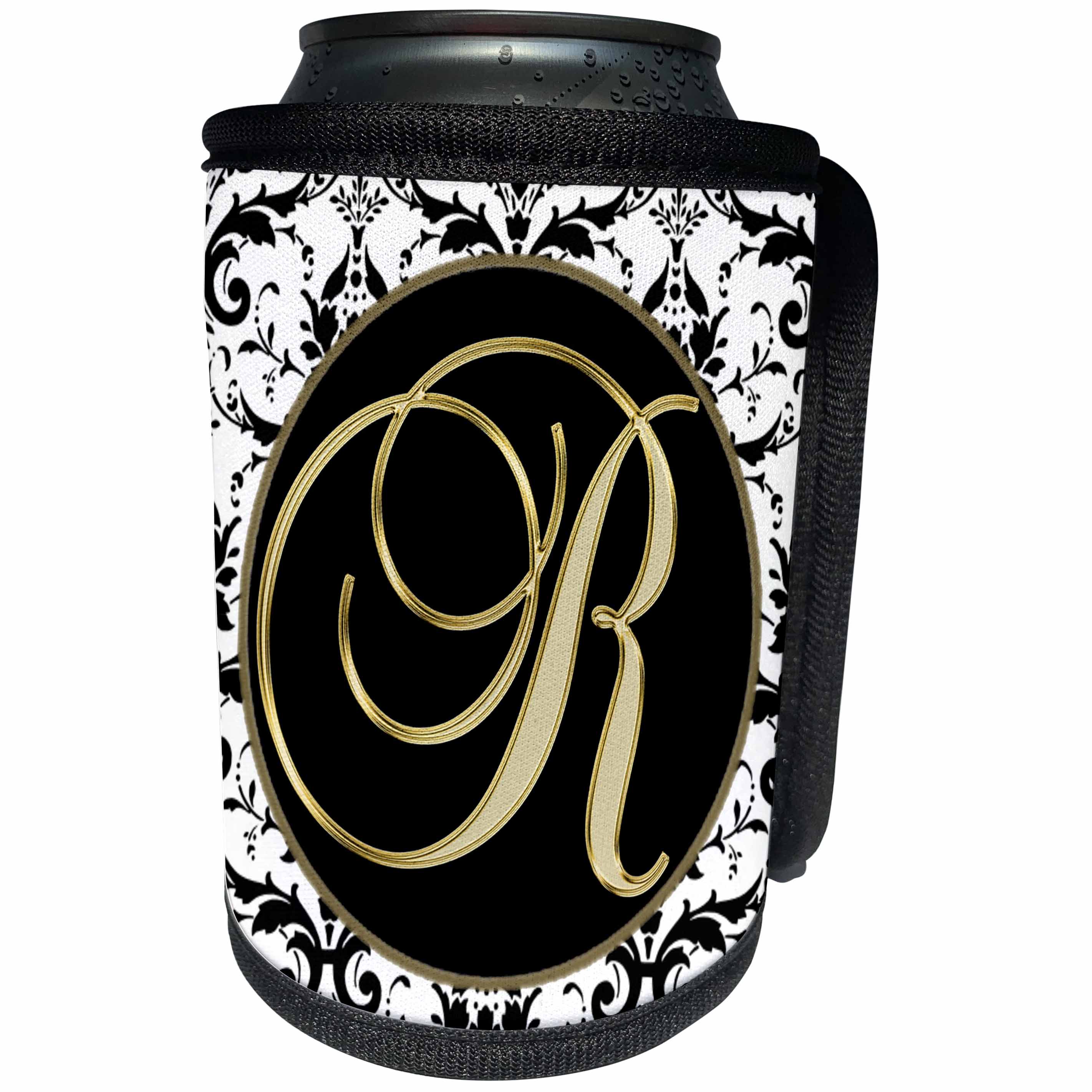 3dRose Fancy Monograms - Image of The Script Letter R in Black White and Gold - Can Cooler Bottle Wrap (cc_256282)