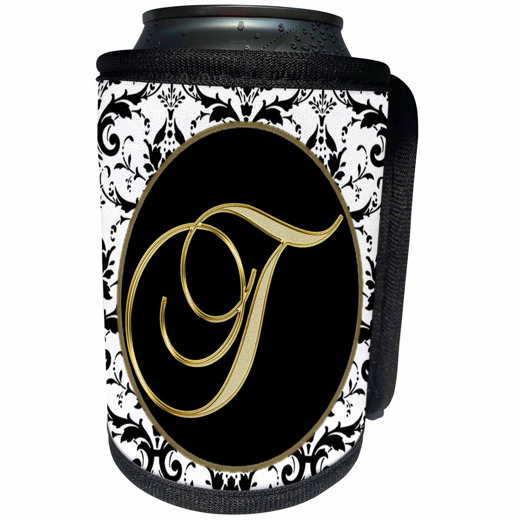 3dRose Fancy Monograms - Image of The Script Letter T in Black White and Gold - Can Cooler Bottle Wrap (cc_256284)
