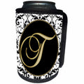 3dRose Fancy Monograms - Image of The Script Letter T in Black White and Gold - Can Cooler Bottle Wrap (cc_256284)