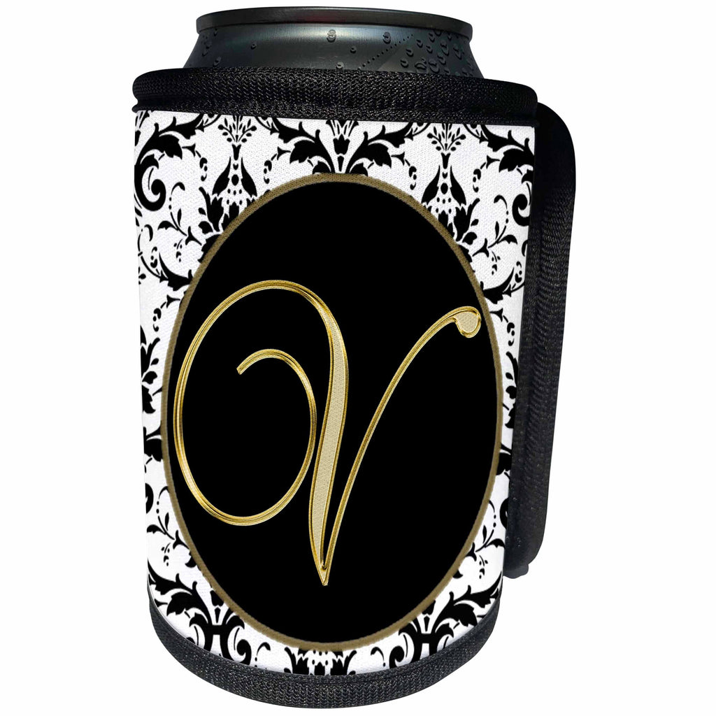 3dRose Fancy Monograms - Image of The Script Letter V in Black White and Gold - Can Cooler Bottle Wrap (cc_256286)
