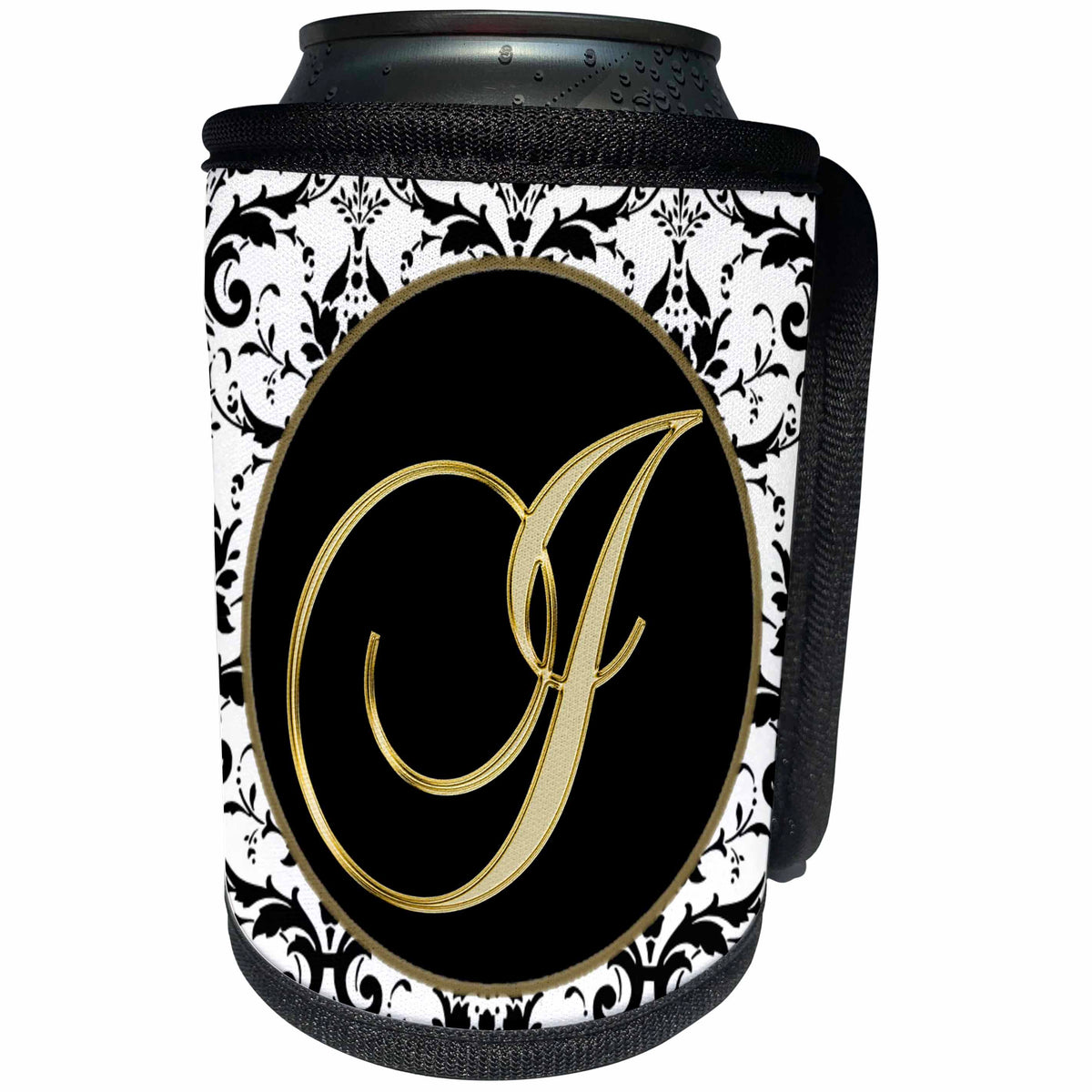 3dRose Fancy Monograms - Image of The Script Letter I in Black White and Gold - Can Cooler Bottle Wrap (cc_256291)