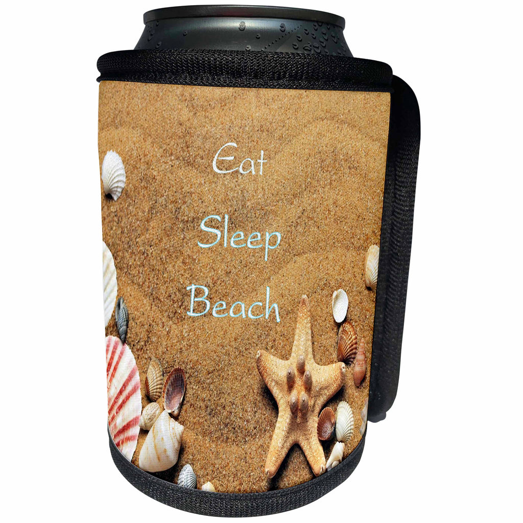 3dRose Shells n Beach - Image of Eat Sleep Beach Message With Many Shells - Can Cooler Bottle Wrap (cc_256314)