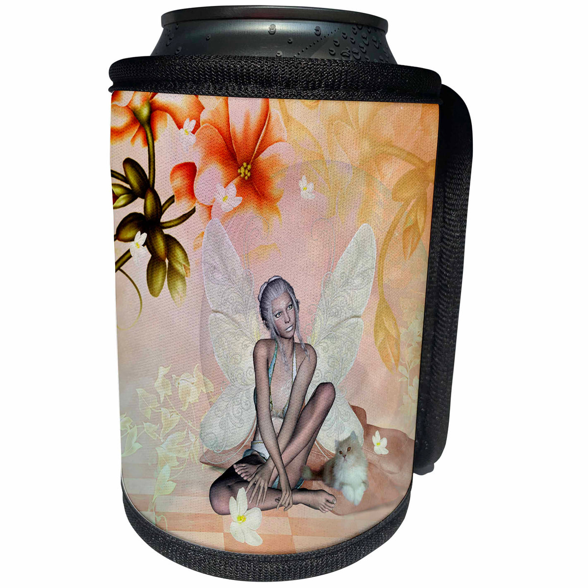 3dRose Heike Köhnen Design Fairies Fairytale - Beautiful fairy with cute little cat - Can Cooler Bottle Wrap (cc_256353)