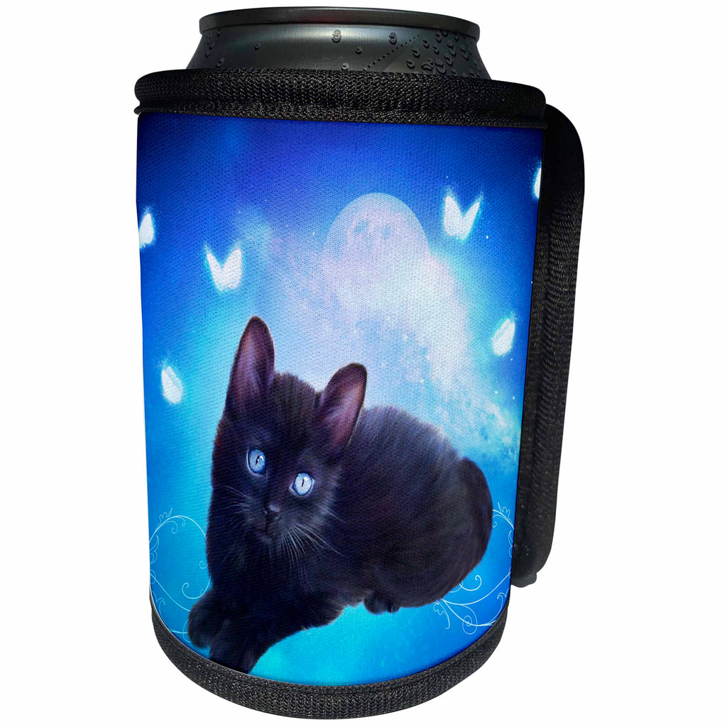 3dRose Heike Köhnen Design Animal - Cute little black kitten with butterflies - Can Cooler Bottle Wrap (cc_256354)