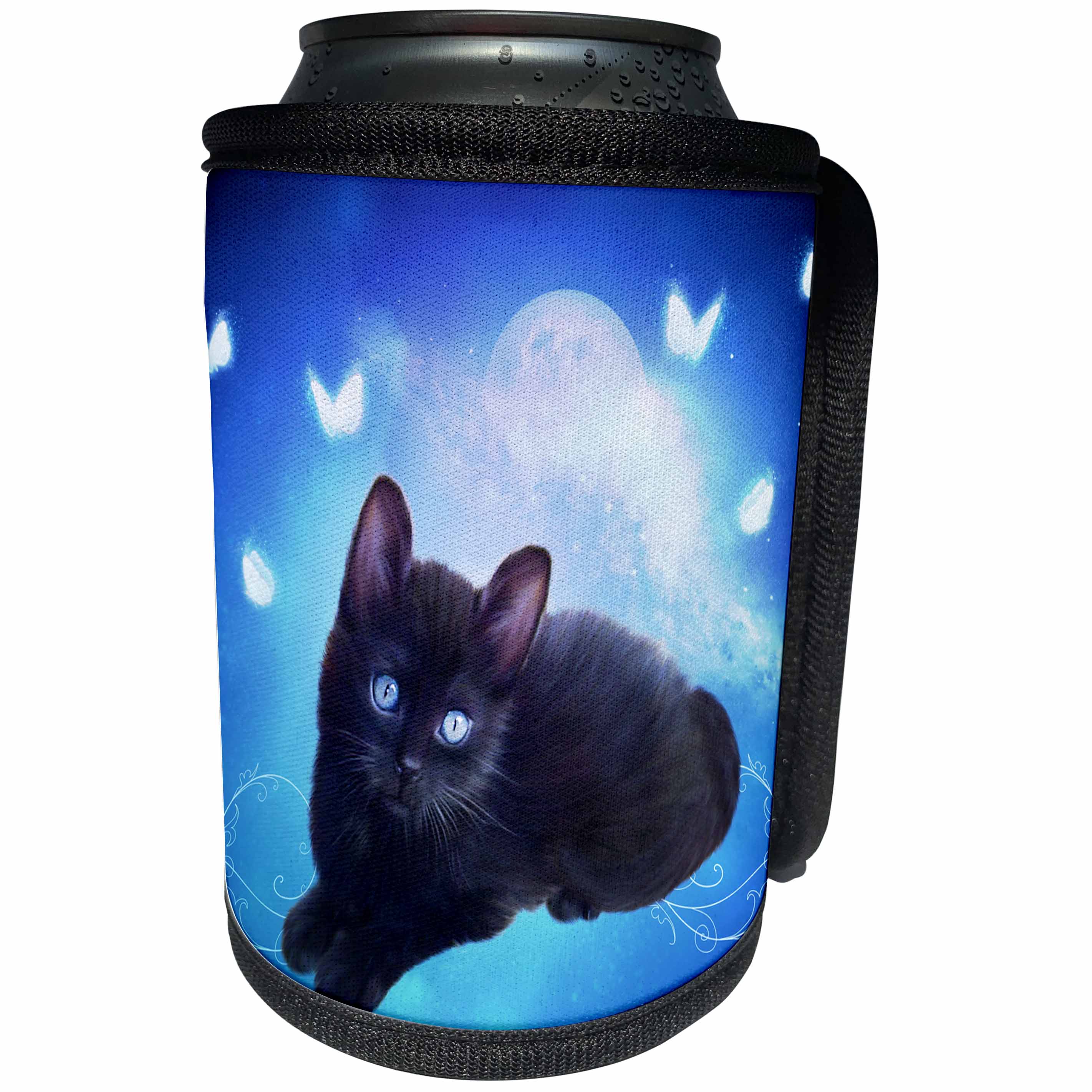 3dRose Heike Köhnen Design Animal - Cute little black kitten with butterflies - Can Cooler Bottle Wrap (cc_256354)
