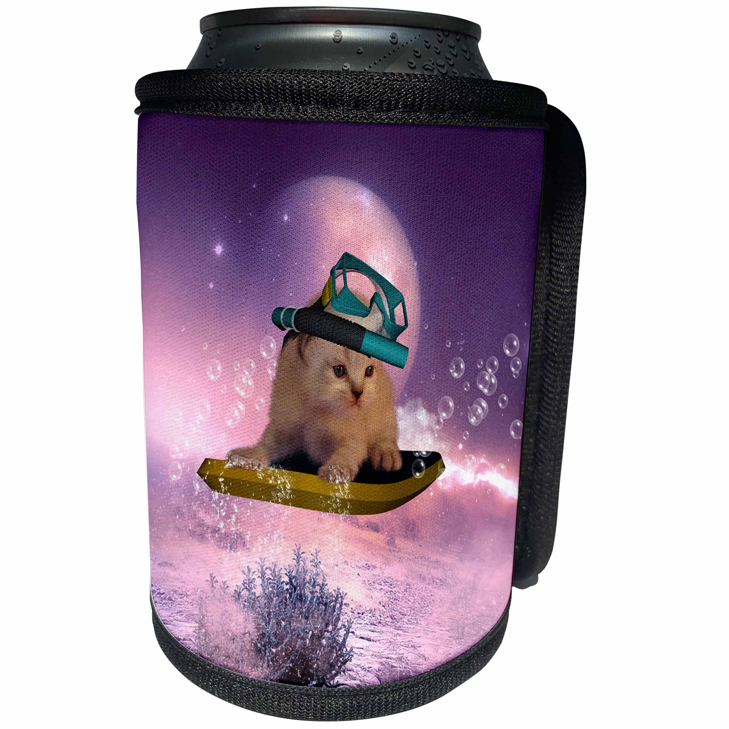 3dRose Heike Köhnen Design Animal - Funny kitten surfing in the night - Can Cooler Bottle Wrap (cc_256355)