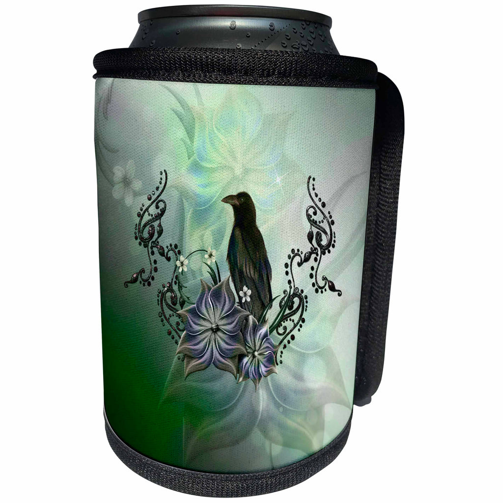 3dRose Heike Köhnen Design Animal - Awesome raven with flowers - Can Cooler Bottle Wrap (cc_256358)