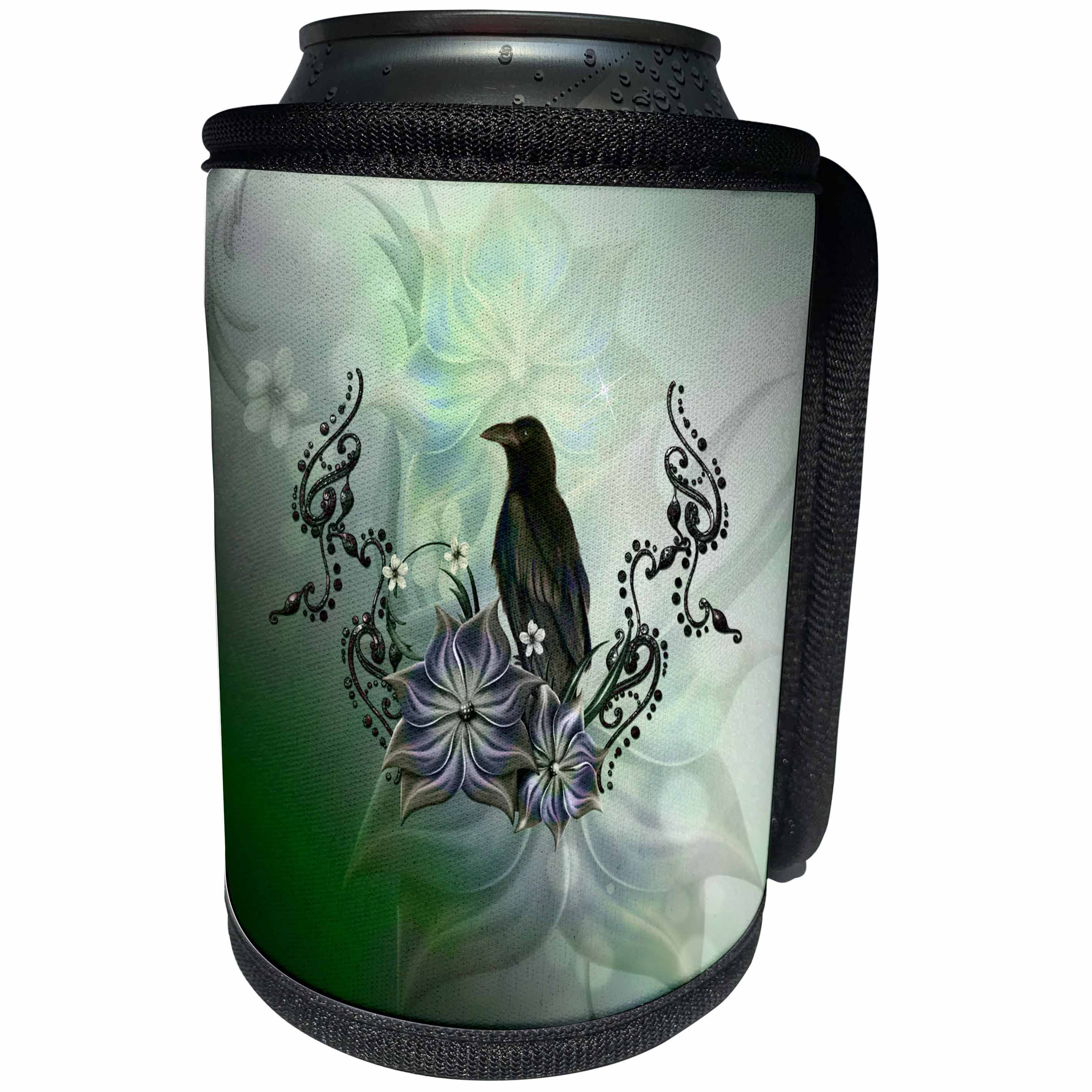 3dRose Heike Köhnen Design Animal - Awesome raven with flowers - Can Cooler Bottle Wrap (cc_256358)