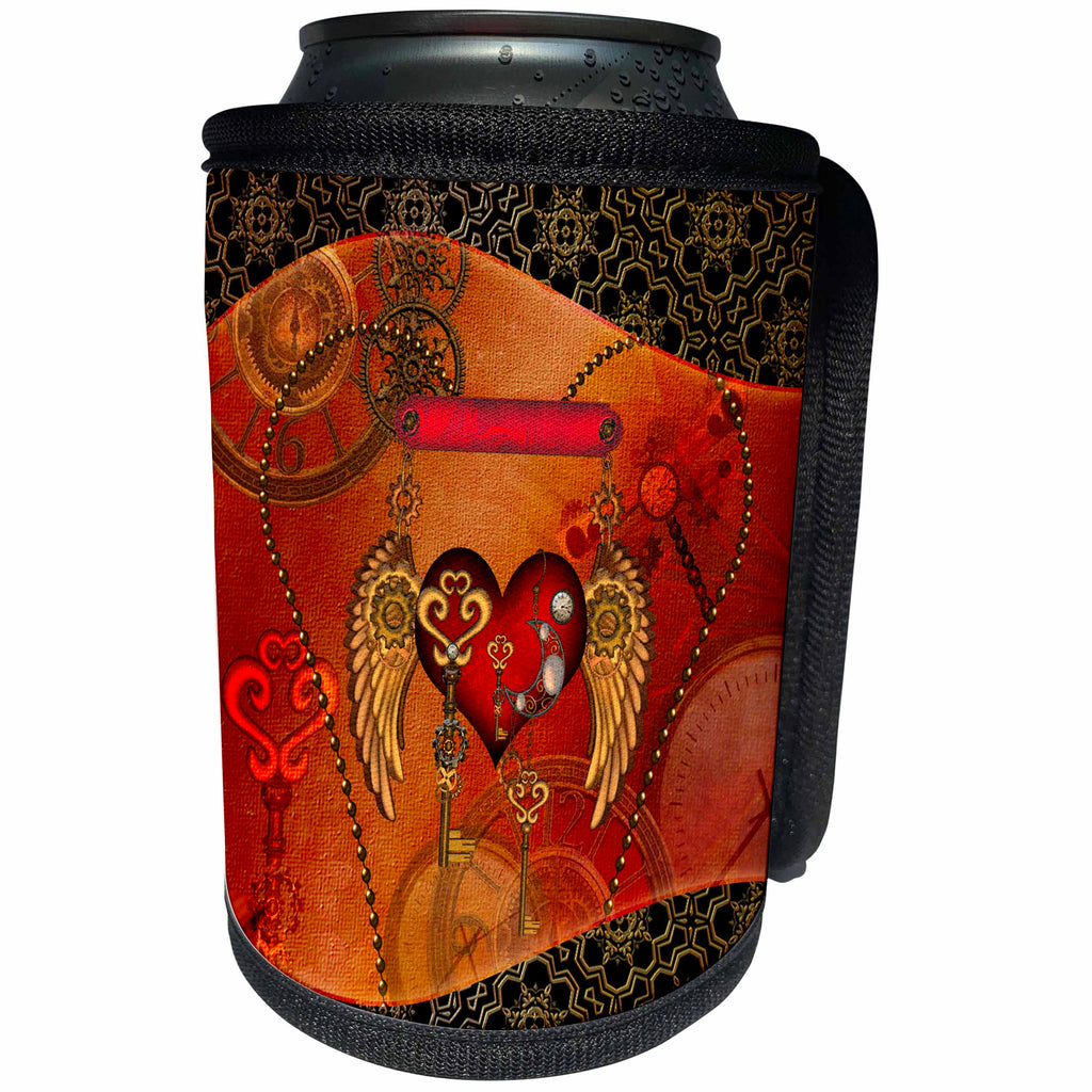 3dRose Heike Köhnen Design Steampunk - Steampunk, heart clocks and gears - Can Cooler Bottle Wrap (cc_256361)
