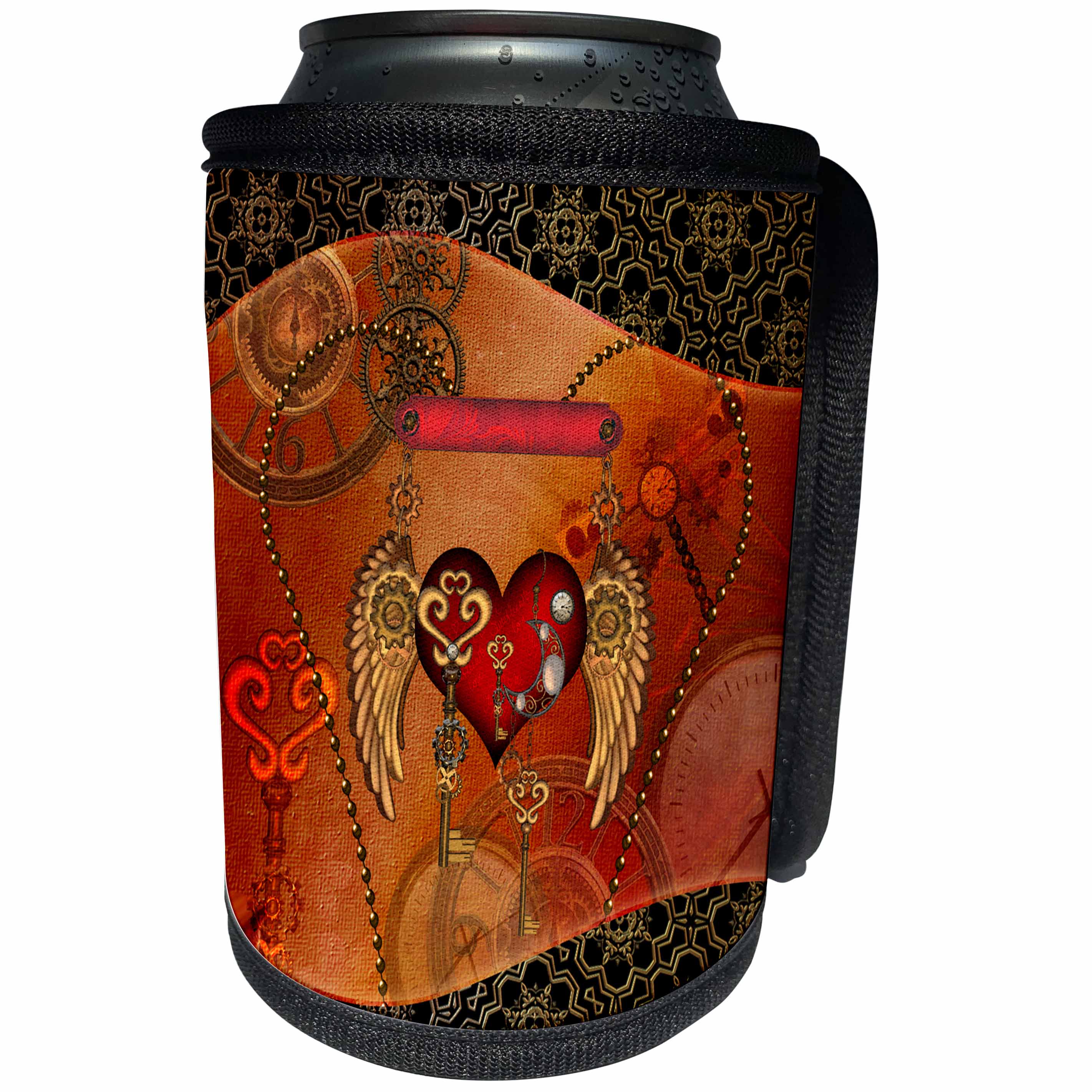 3dRose Heike Köhnen Design Steampunk - Steampunk, heart clocks and gears - Can Cooler Bottle Wrap (cc_256361)