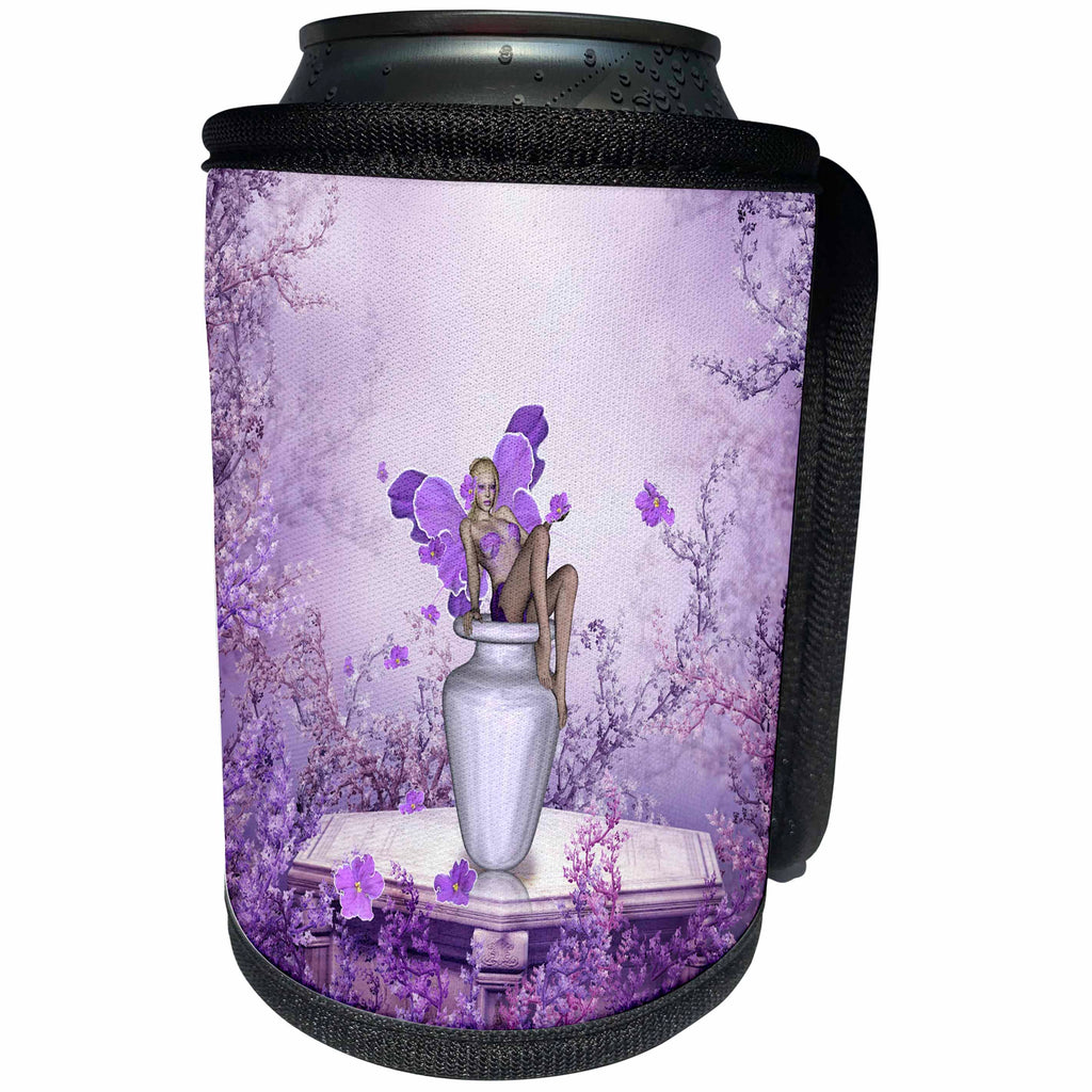 3dRose Heike Köhnen Design Fairies Fairytale - Beautiful fairy with flowers purple colors - Can Cooler Bottle Wrap (cc_256366)
