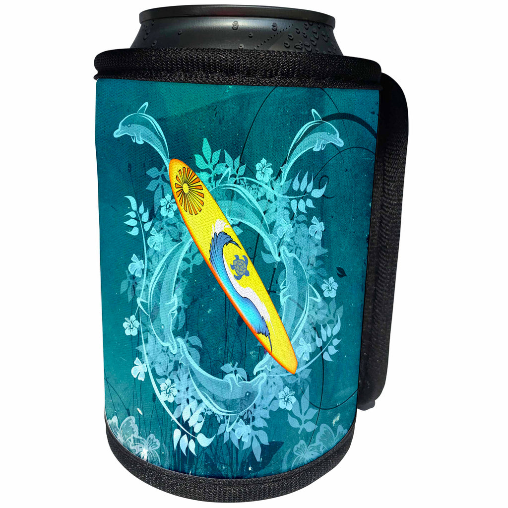 3dRose Heike Köhnen Design Sport Surfing - Sport, surfboard with dolphins and flowers - Can Cooler Bottle Wrap (cc_256371)