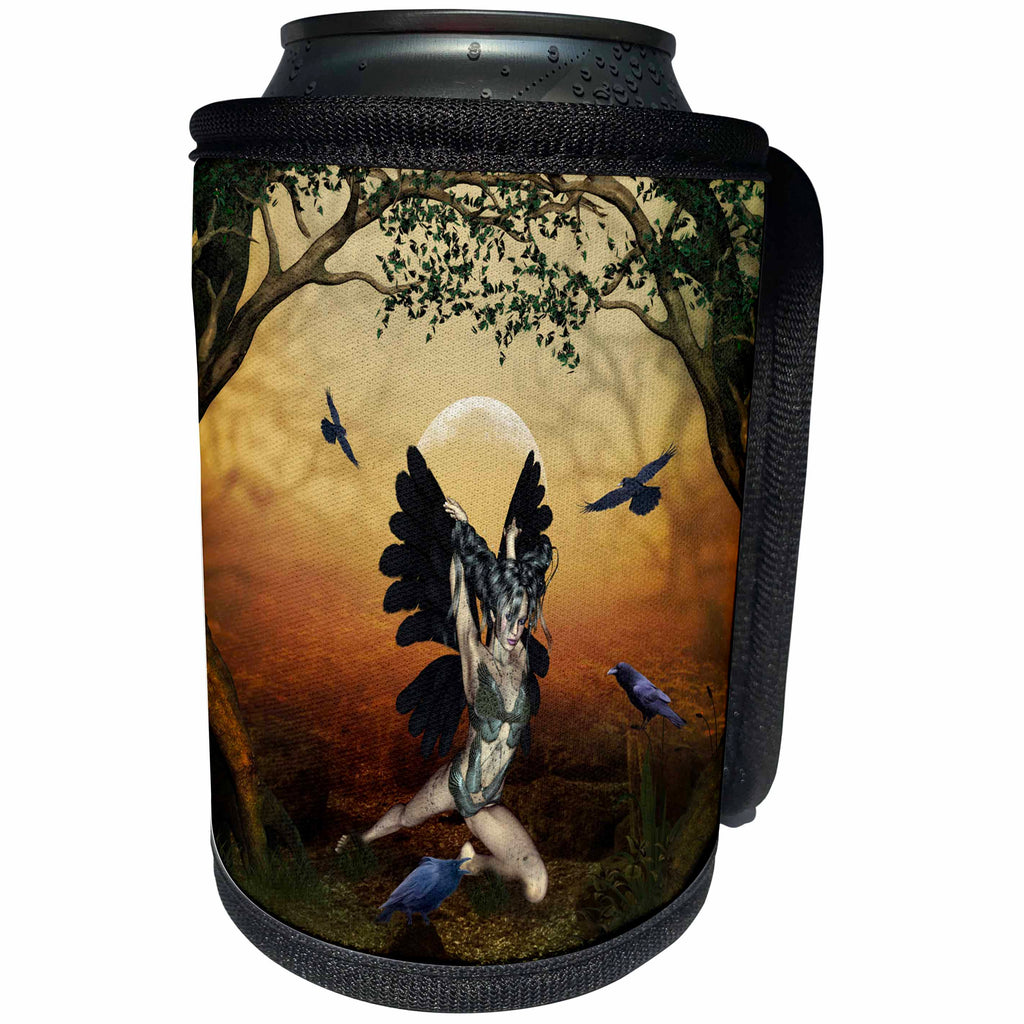 3dRose Heike Köhnen Design Fairies Fairytale - The wonderful dark fairy with crow - Can Cooler Bottle Wrap (cc_256372)