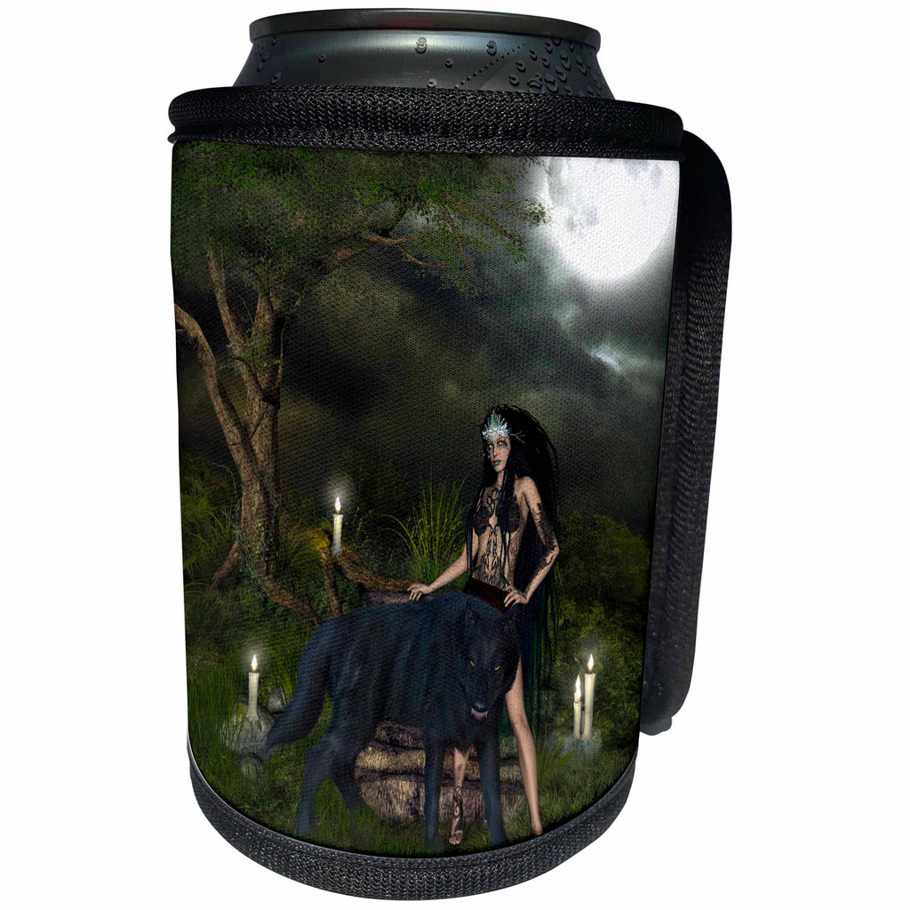 3dRose Heike Köhnen Design Fairies Fairytale - The fairy with wolf in the night - Can Cooler Bottle Wrap (cc_256374)