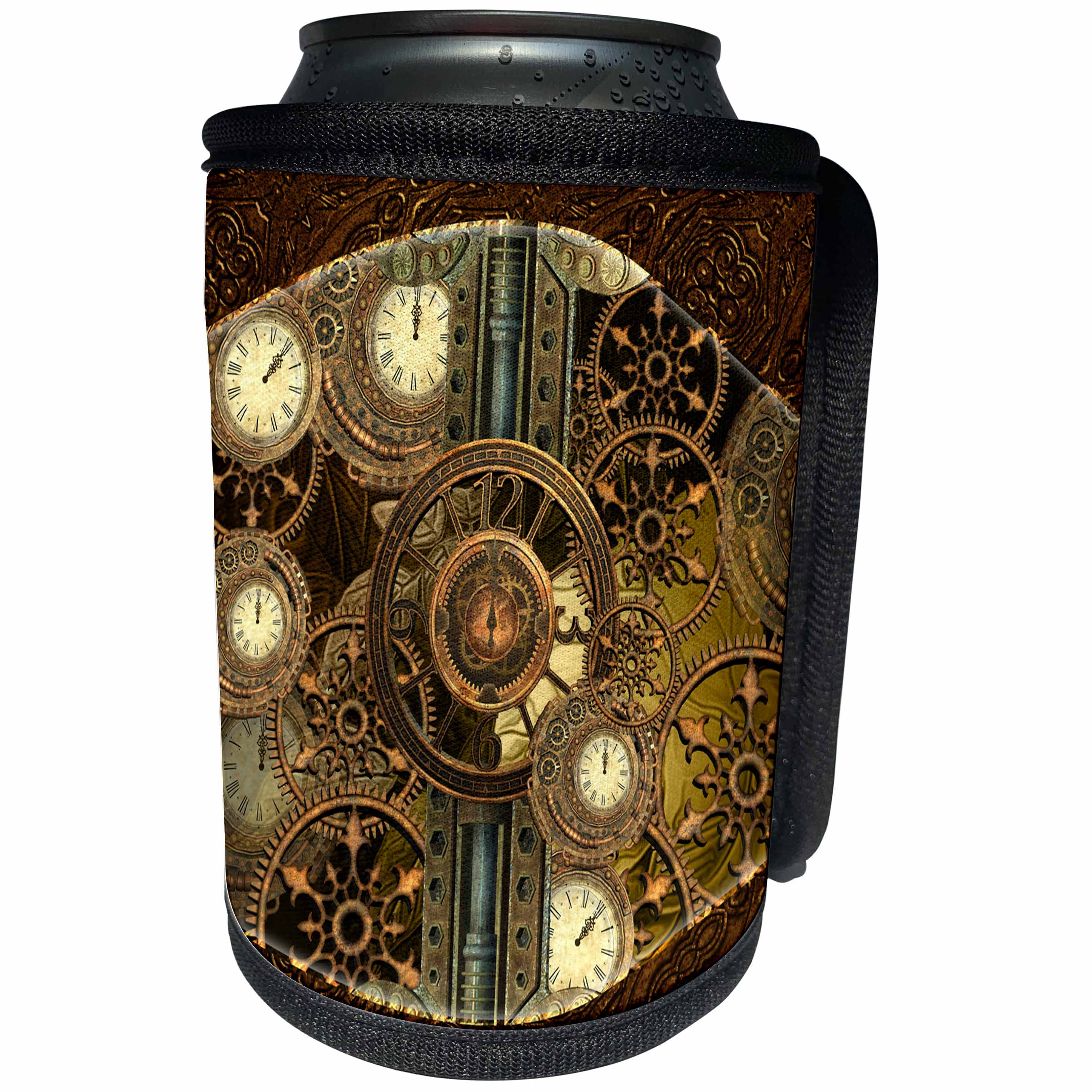 3dRose Heike Köhnen Design Steampunk - Steampunk, golden design clocks and gears - Can Cooler Bottle Wrap (cc_256375)