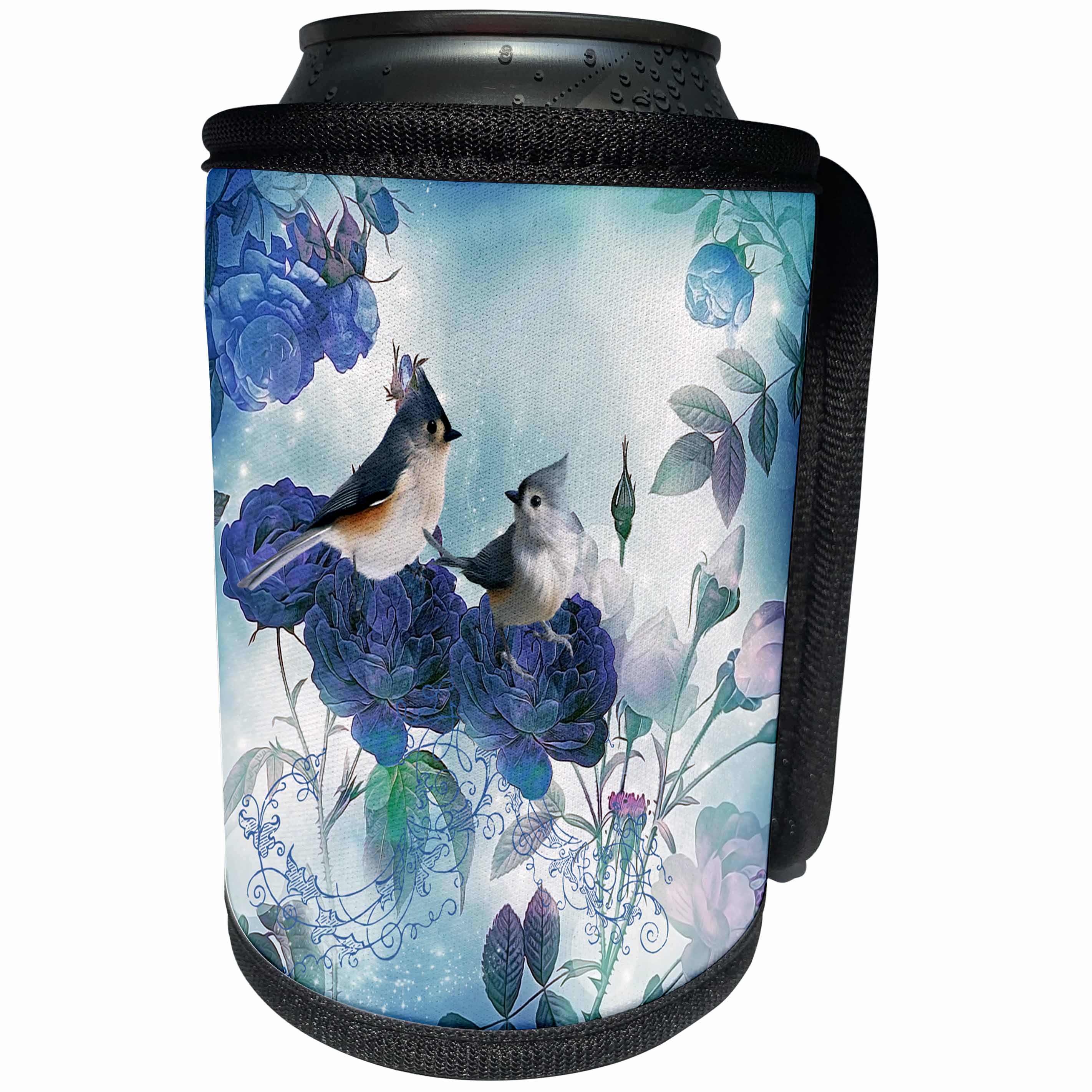 3dRose Heike Köhnen Design Animal - Cute birds with flowers blue colors - Can Cooler Bottle Wrap (cc_256379)