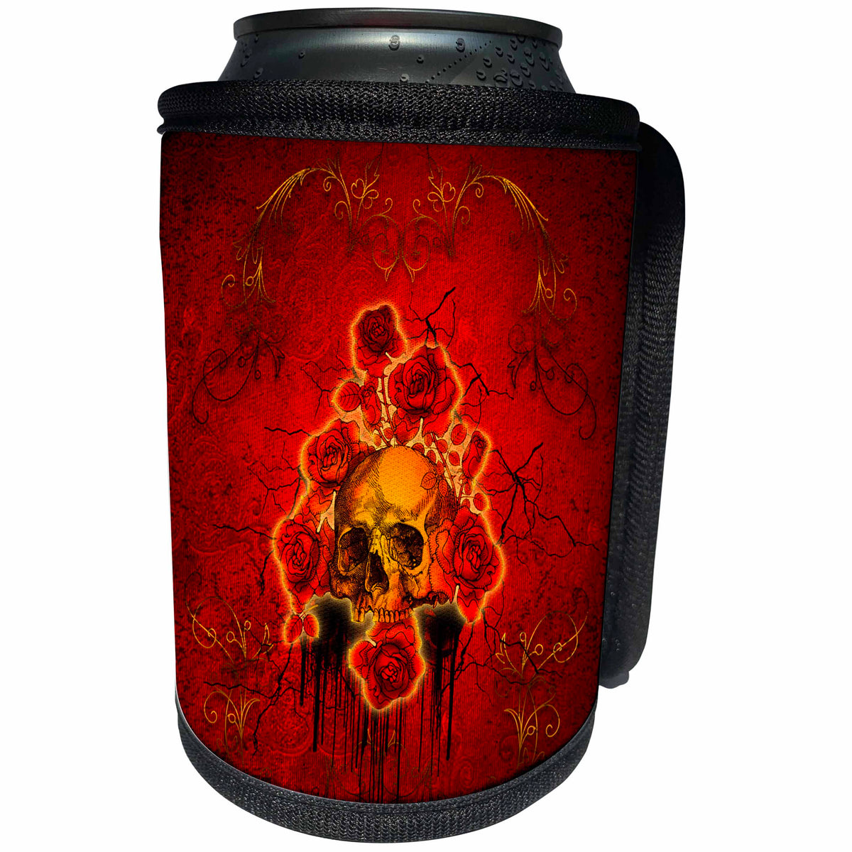 3dRose Heike Köhnen Design Skull - Skull with roses on vintage background - Can Cooler Bottle Wrap (cc_256380)