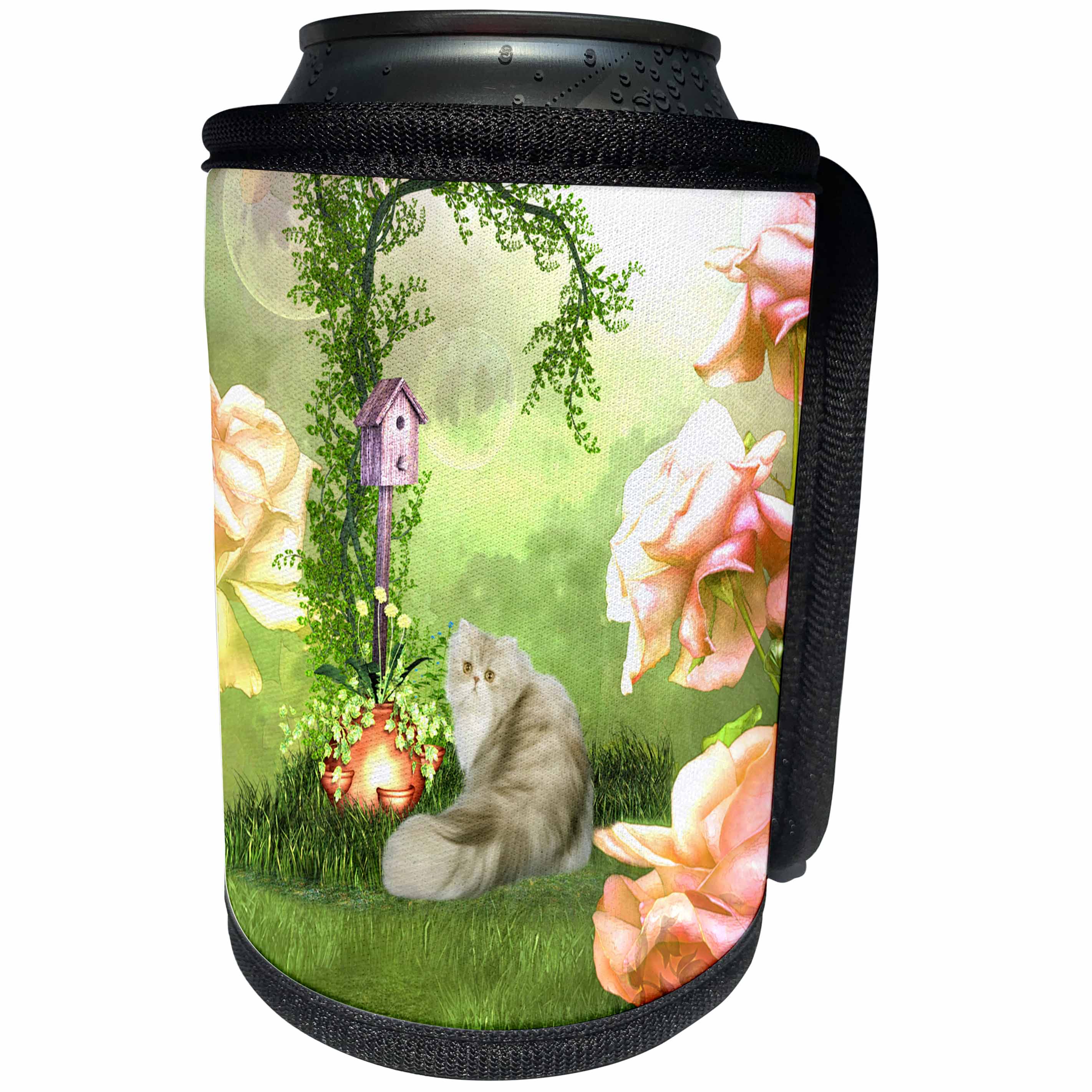 3dRose Heike Köhnen Design Animal - Cute cat in a fantasy garden - Can Cooler Bottle Wrap (cc_256382)