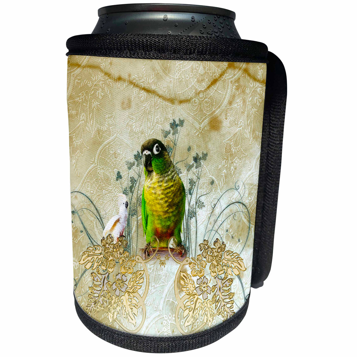 3dRose Heike Köhnen Design Bird - Cute parrot with flowers - Can Cooler Bottle Wrap (cc_256385)