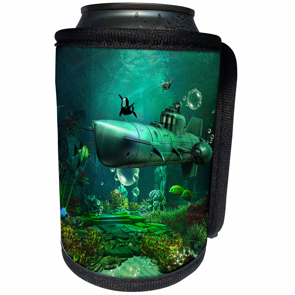 3dRose Heike Köhnen Design Sea Life - Awesome submarine with orca and dolphin - Can Cooler Bottle Wrap (cc_256394)