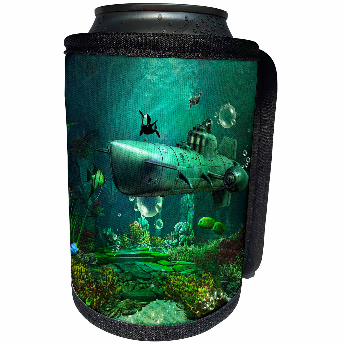 3dRose Heike Köhnen Design Sea Life - Awesome submarine with orca and dolphin - Can Cooler Bottle Wrap (cc_256394)